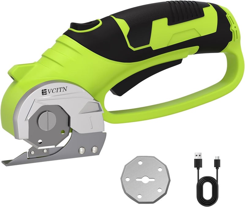 Evcitn Cordless Electric Scissors,4V Rechargeable Electric Box Cutter for Cardboard, Heavy Duty Cardboard Cutter for Fabric,Rotary Cutter with LED Light for Crafts Leather, Plastic or Carpet,Green - Image 1